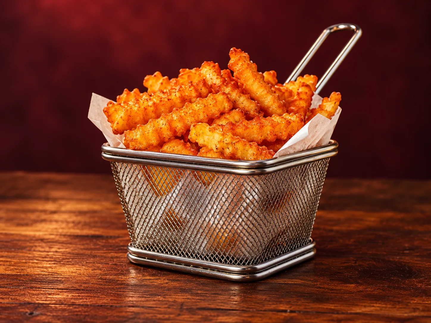 Batatas crinkle temperadas em uma cestinha, imagem ilustrativa