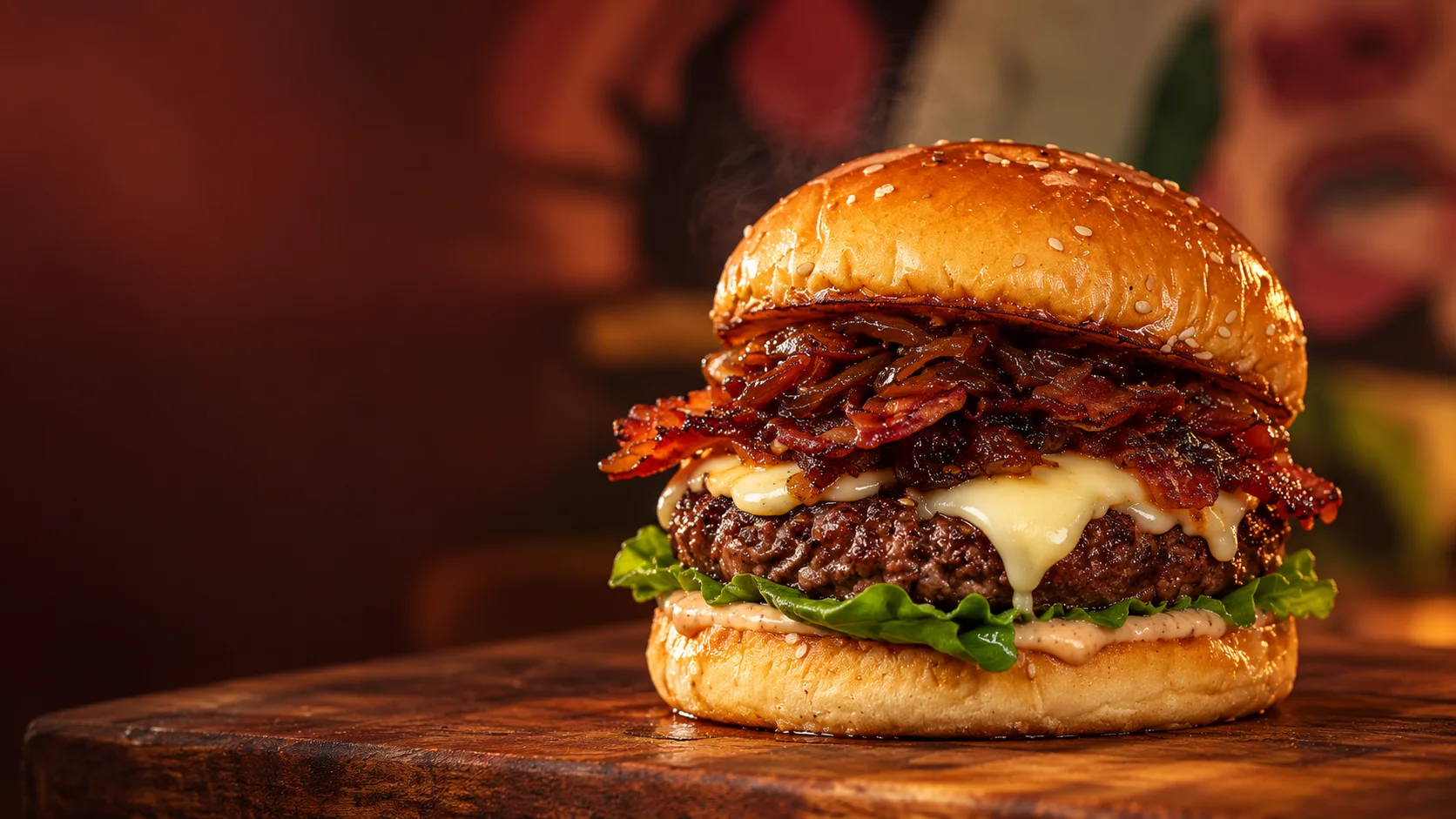 Recriação ilustrativa do Arandela: uma carne, queijo, bacon, cebola, alface e maionese.