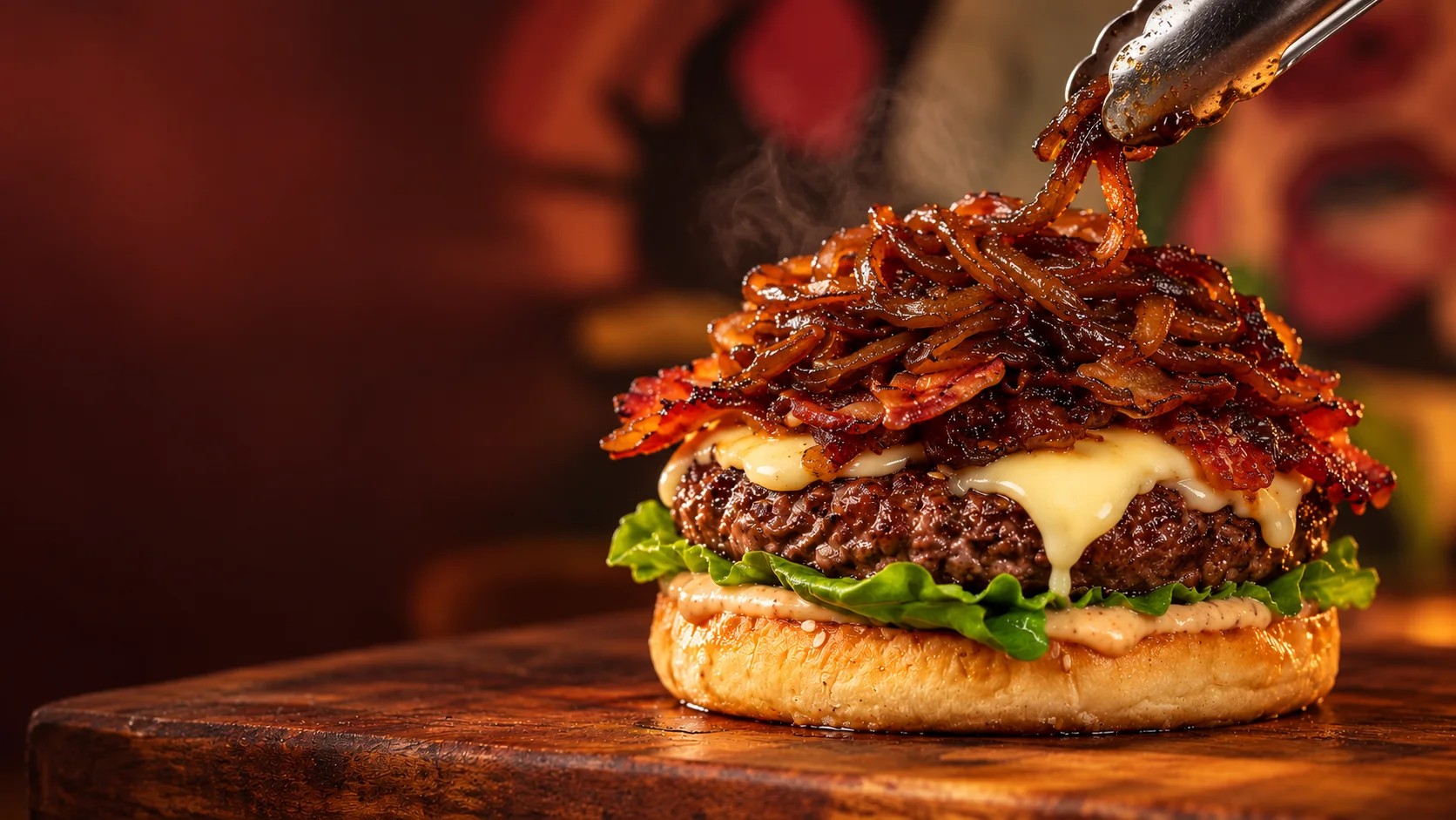 Montagem ilustrativa do Arandela com queijo, bacon e cebola caramelizada.